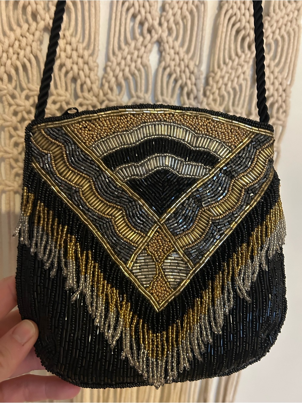 Beaded Fringe Crossbody Bag - Black & Gold